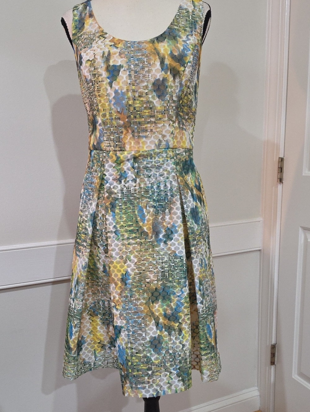 New York & Company Shimmer Honeycomb Fit & Flare Dress - Yellow Green Metallic-8